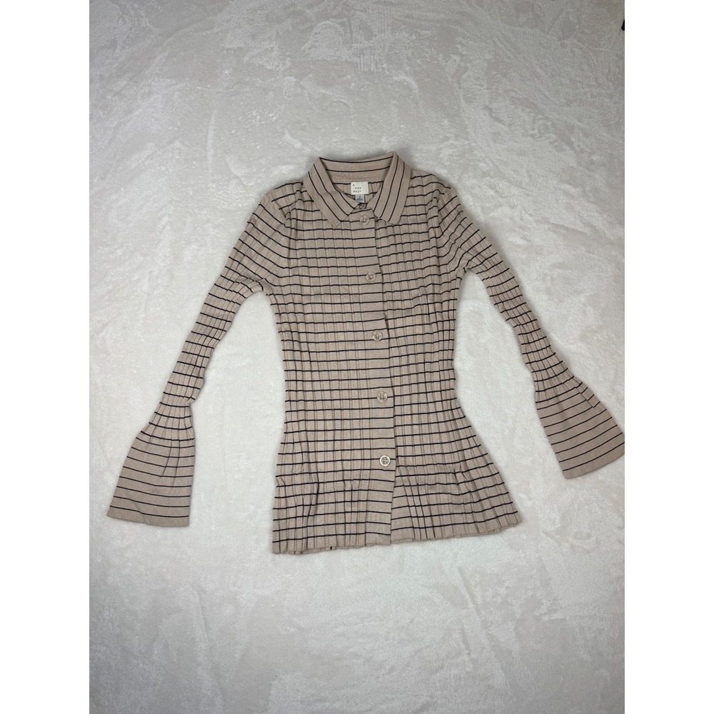 Bell Sleeve Collared Cardigan A New Day Womens S Beige Blue Stripe NWT Preppy - Picture 2 of 8